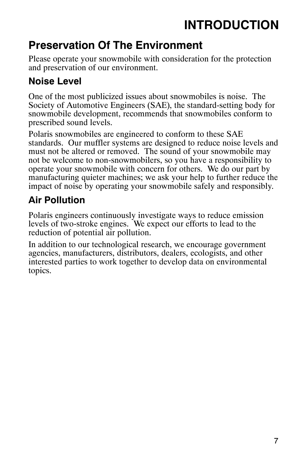 Introduction, Preservation of the environment | Polaris 2003 Universal Snowmobiles User Manual | Page 9 / 189