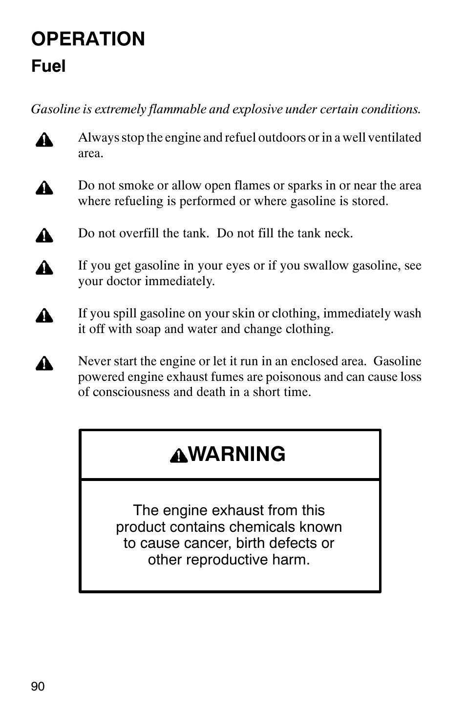 Warning, Operation, Fuel | Polaris 2003 Universal Snowmobiles User Manual | Page 92 / 189