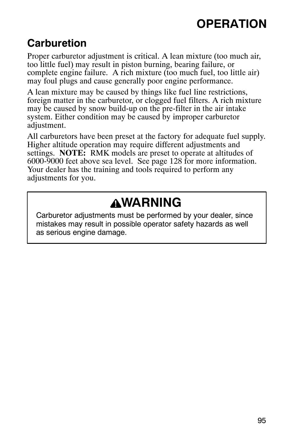 Warning, Operation, Carburetion | Polaris 2003 Universal Snowmobiles User Manual | Page 97 / 189