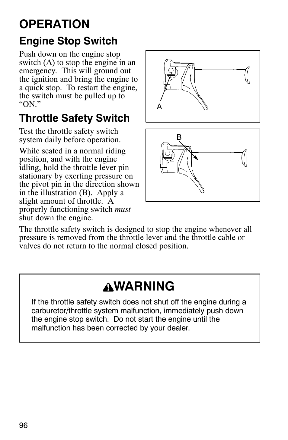 Warning, Operation, Engine stop switch | Throttle safety switch | Polaris 2003 Universal Snowmobiles User Manual | Page 98 / 189