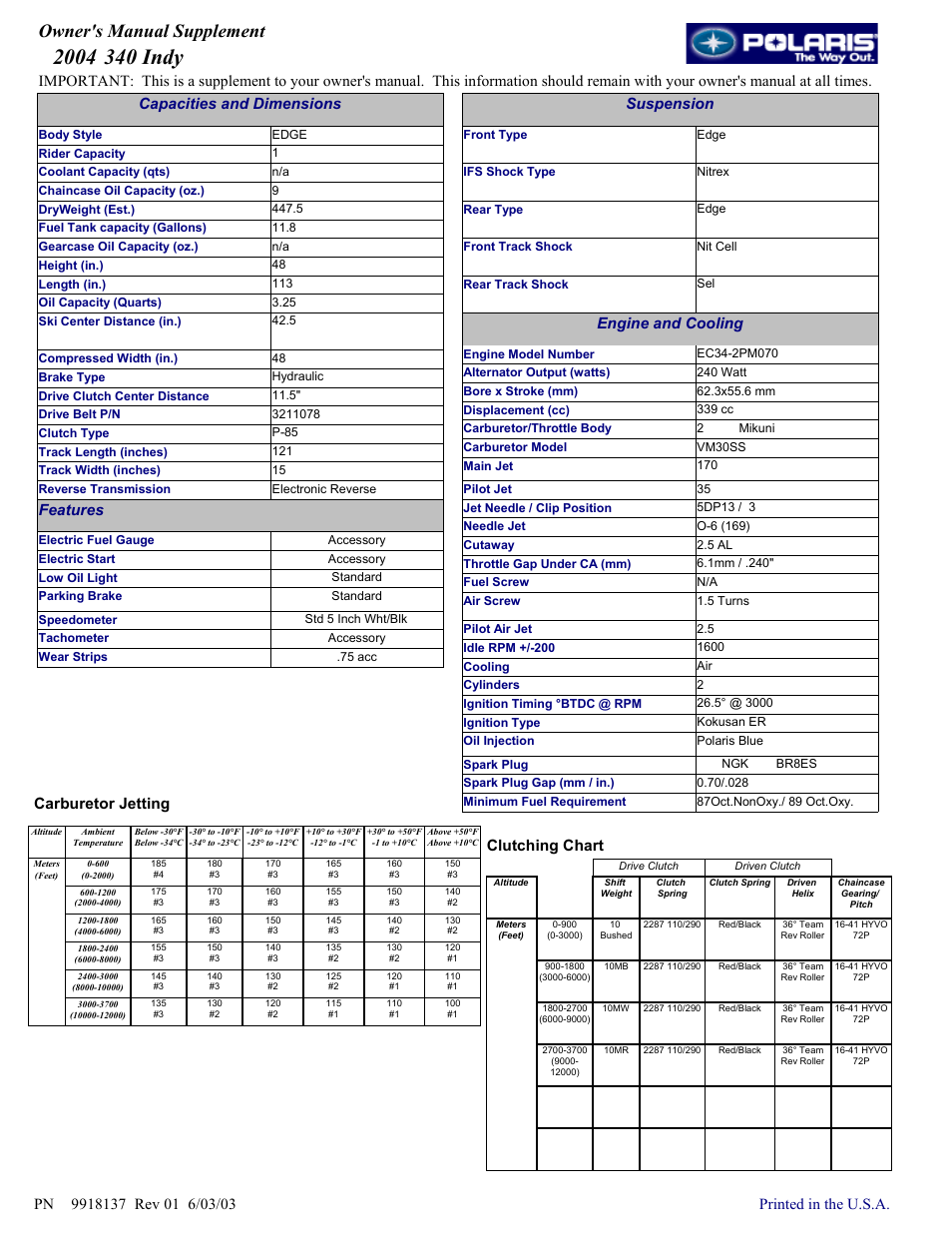 Polaris 2004 340 Indy User Manual | 1 page