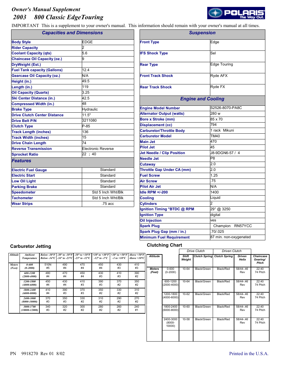 Polaris 2004 800 Classic Edge Touring User Manual | 1 page