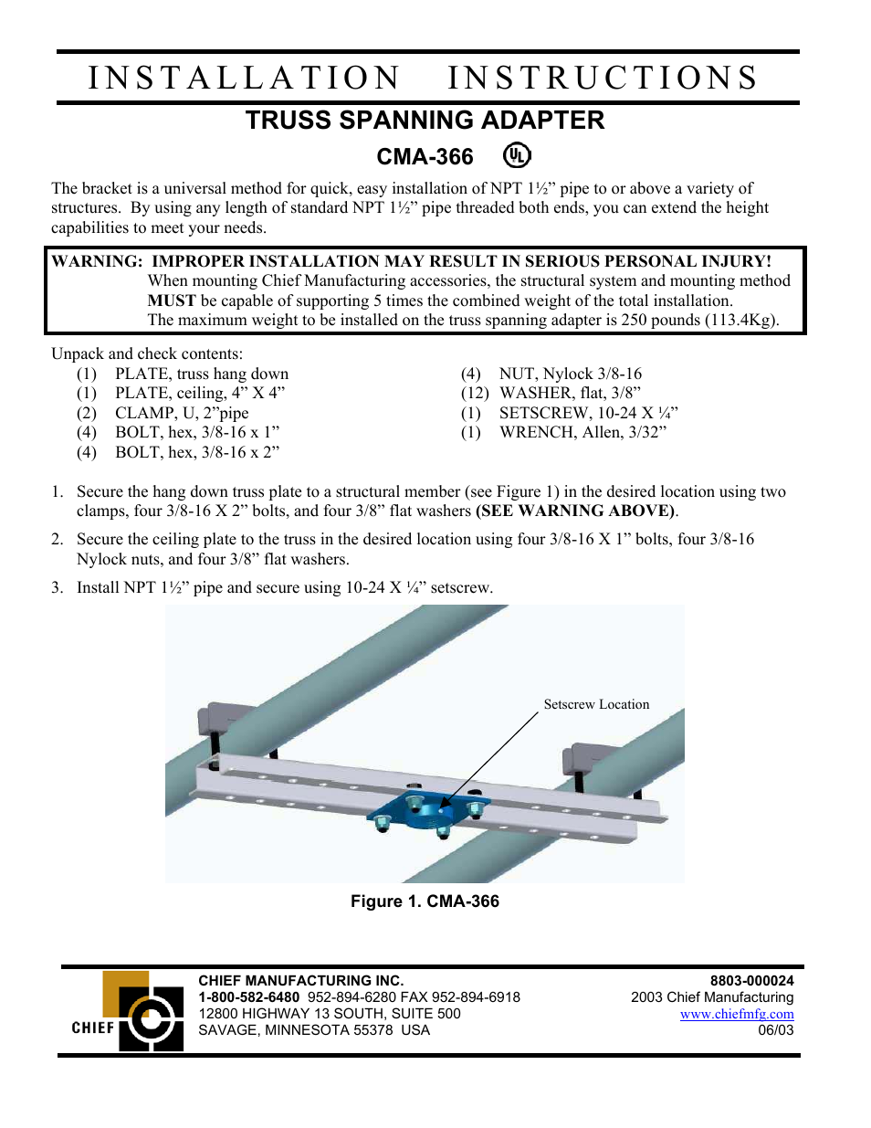 Chief Manufacturing Truss Spanning Adapter CMA-366 User Manual | 1 page