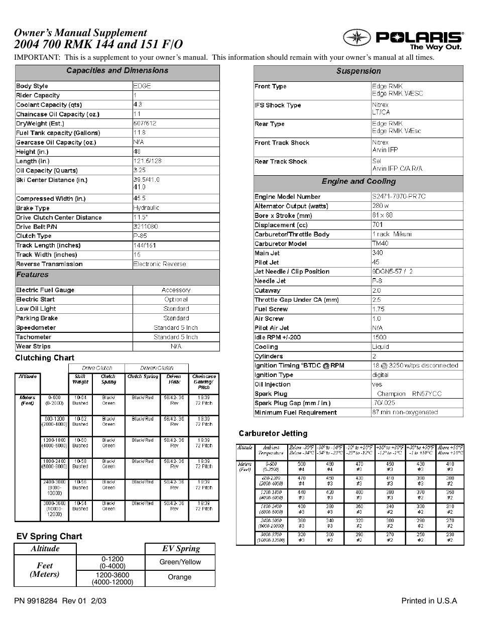 Polaris 2004 700 RMK 144 F/O User Manual | 1 page