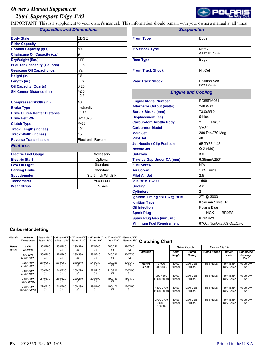 Polaris 2004 Supersport Edge F/O User Manual | 1 page