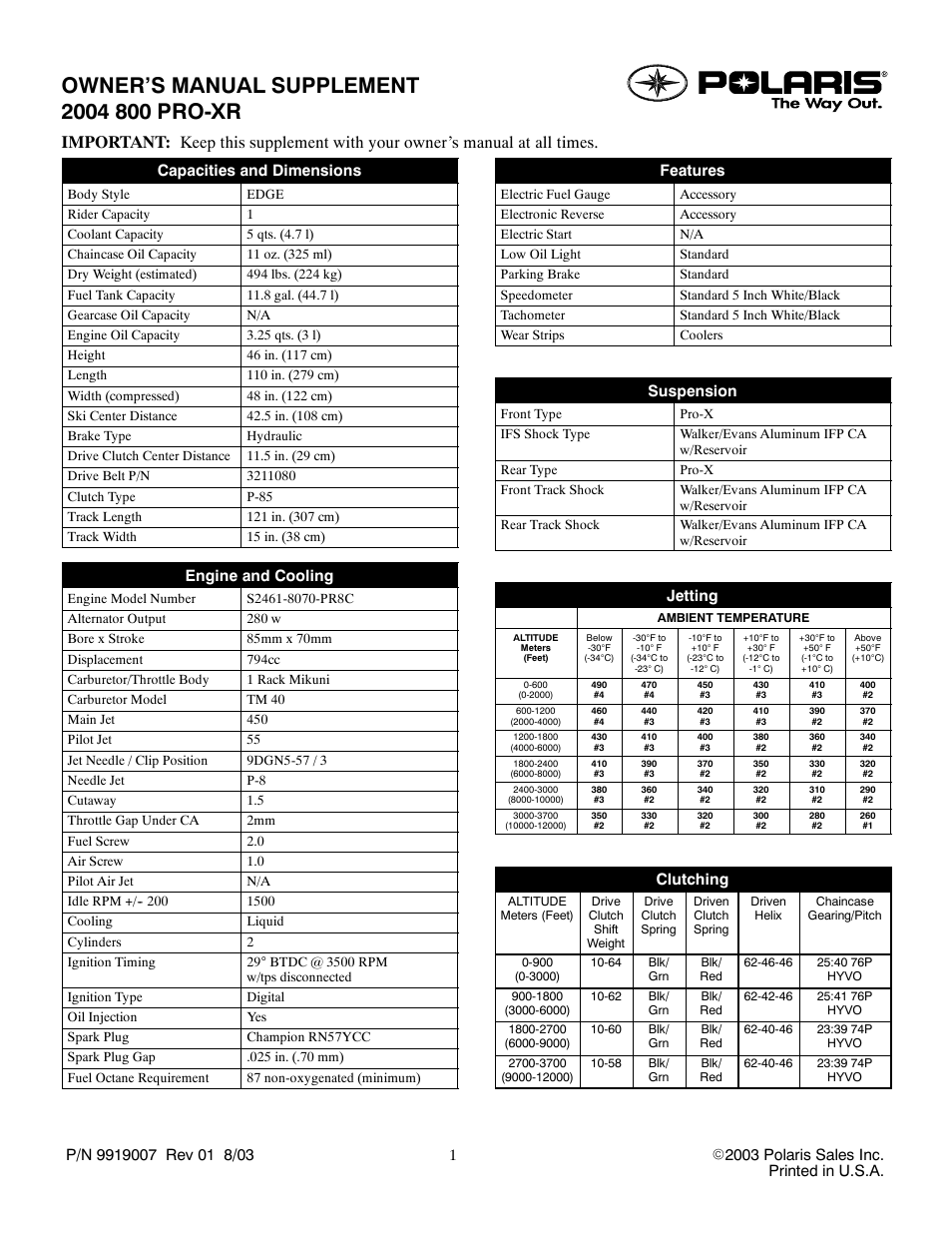 Polaris 2004 800 Pro-XR User Manual | 1 page