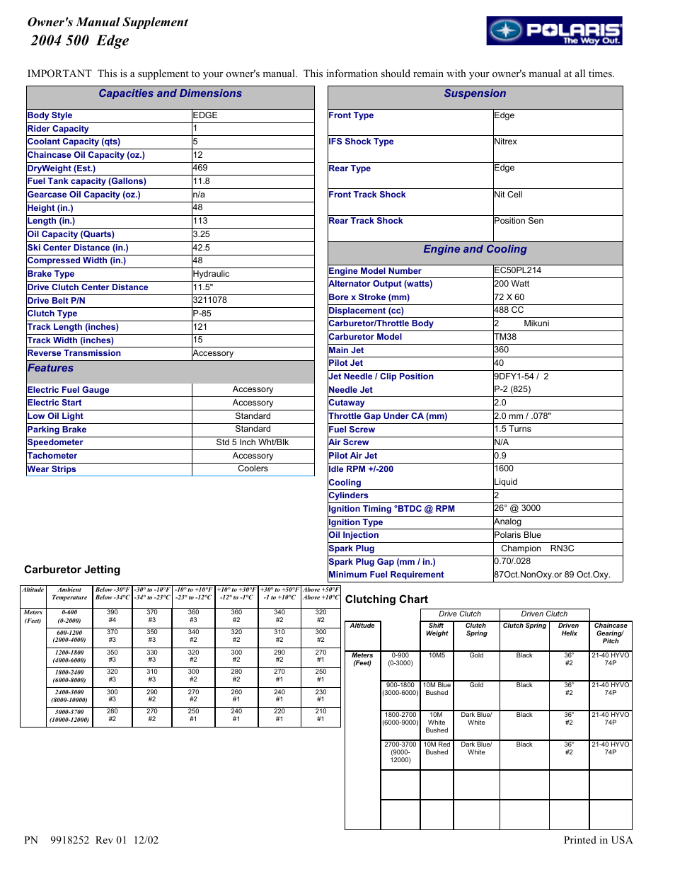 Polaris 2004 500 Edge User Manual | 1 page