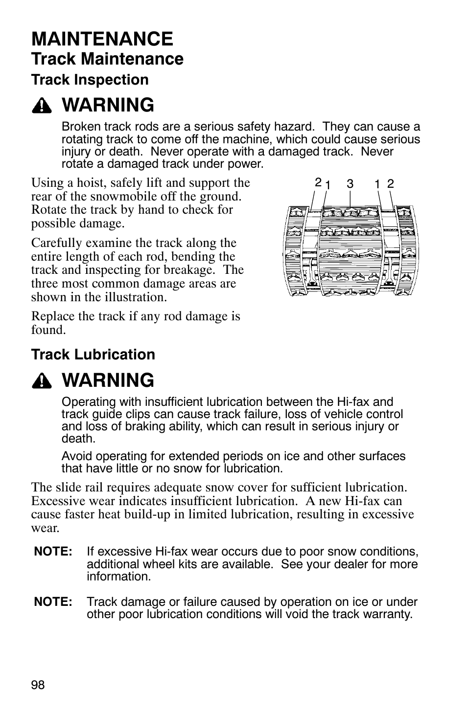 Maintenance, Warning, Track maintenance | Polaris 2005 RMK User Manual | Page 101 / 130