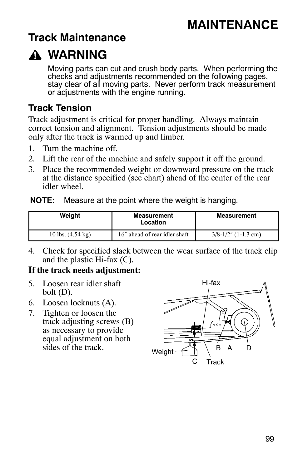 Maintenance, Warning, Track maintenance | Track tension | Polaris 2005 RMK User Manual | Page 102 / 130