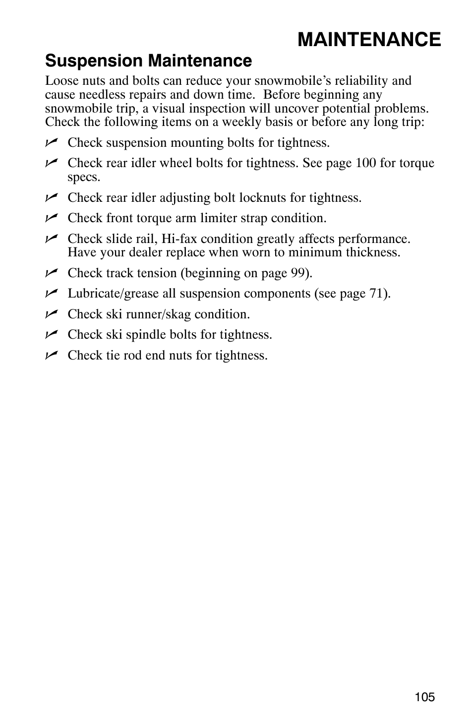 Maintenance, Suspension maintenance | Polaris 2005 RMK User Manual | Page 108 / 130