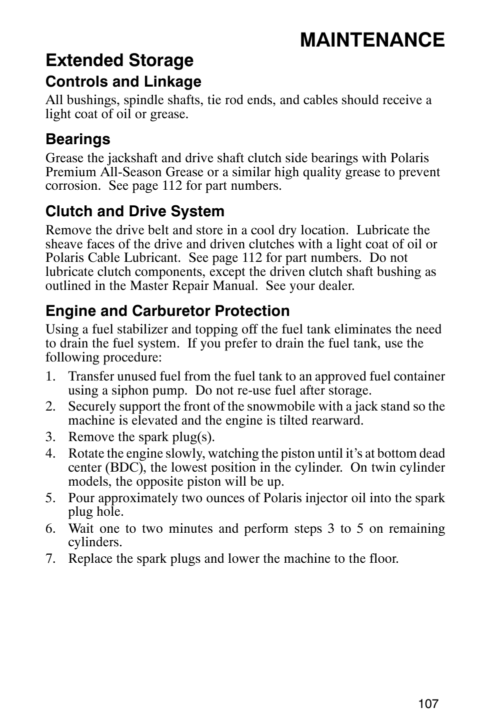 Maintenance, Extended storage | Polaris 2005 RMK User Manual | Page 110 / 130