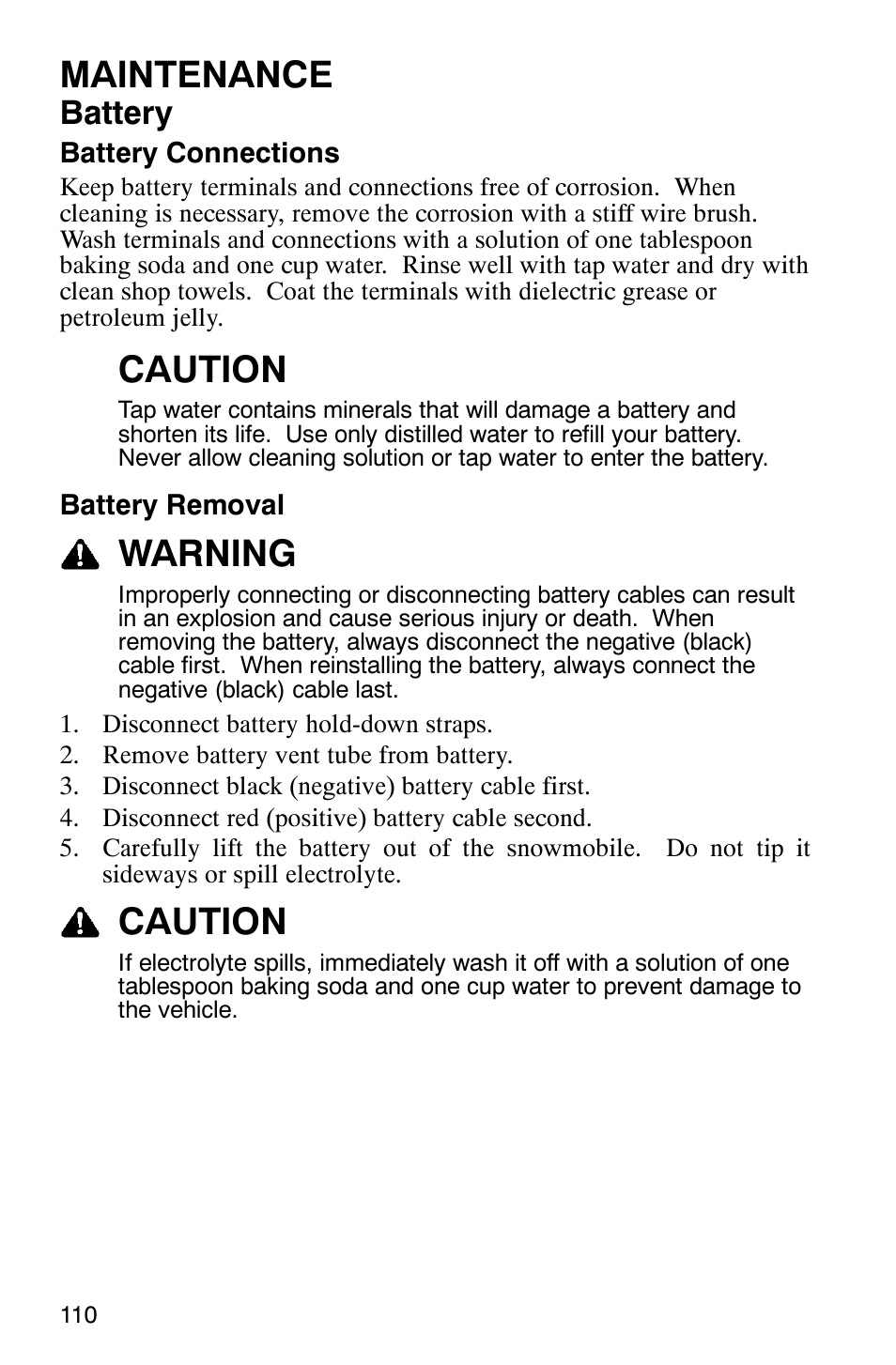 Maintenance, Caution, Warning | Battery | Polaris 2005 RMK User Manual | Page 113 / 130