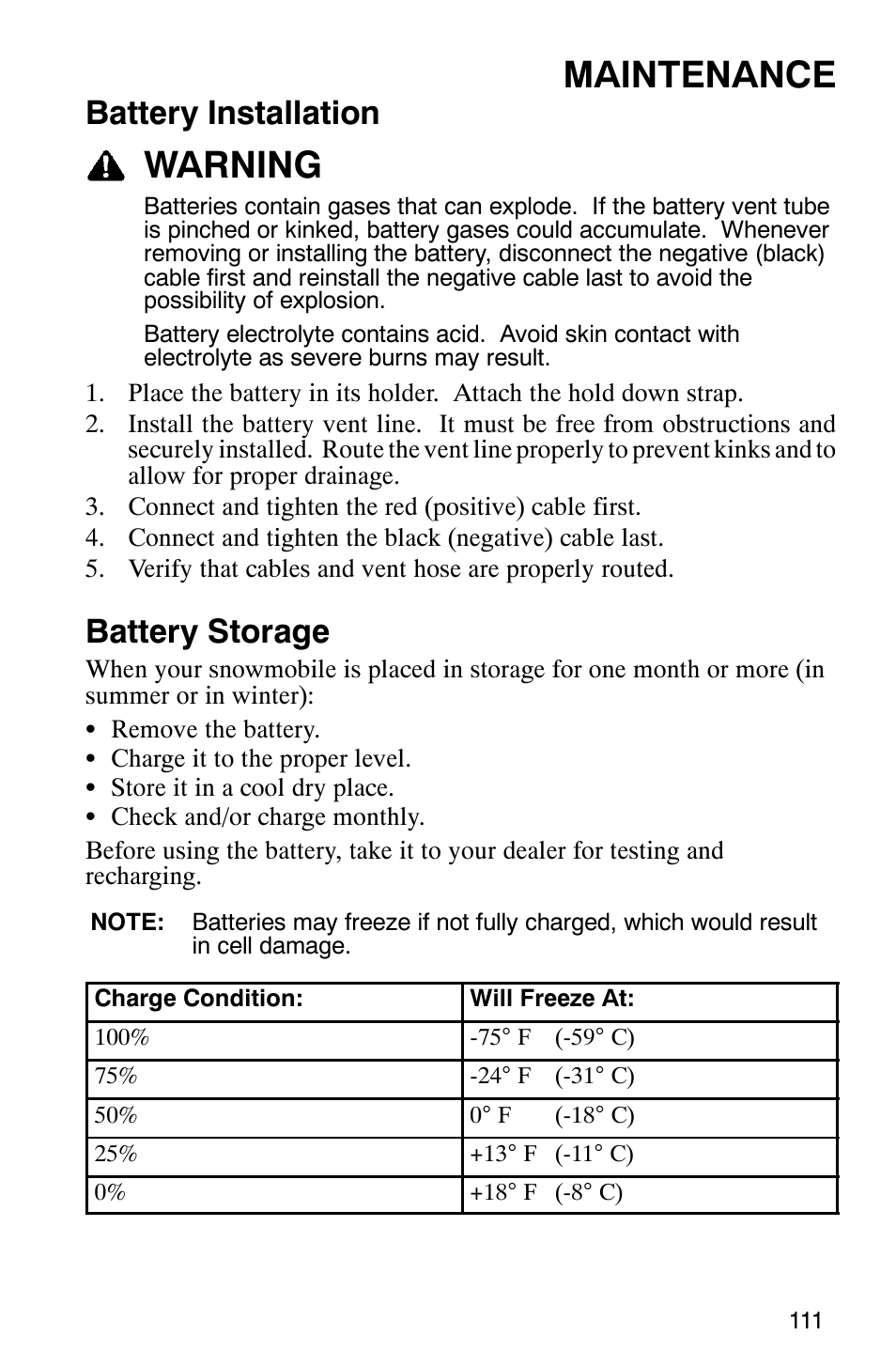 Maintenance, Warning, Battery installation | Battery storage | Polaris 2005 RMK User Manual | Page 114 / 130