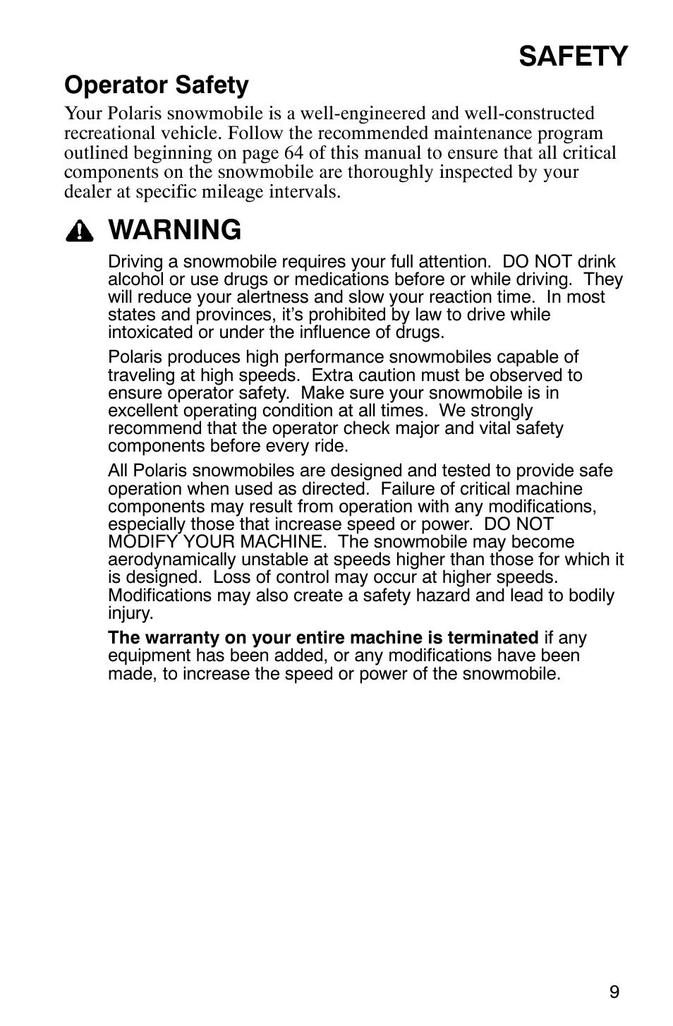 Safety, Warning, Operator safety | Polaris 2005 RMK User Manual | Page 12 / 130