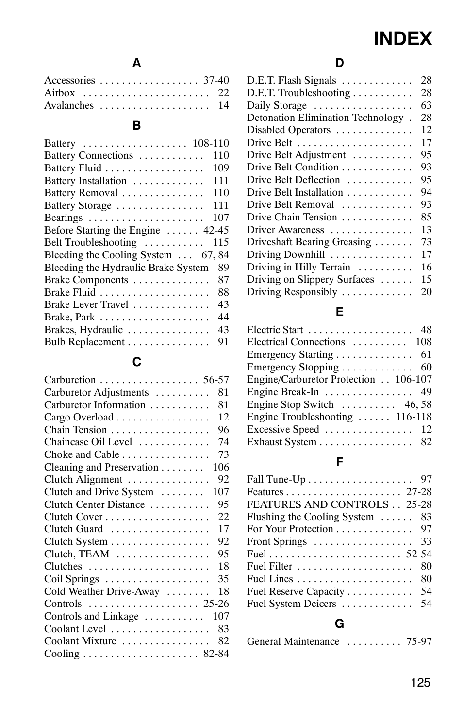 Index | Polaris 2005 RMK User Manual | Page 128 / 130