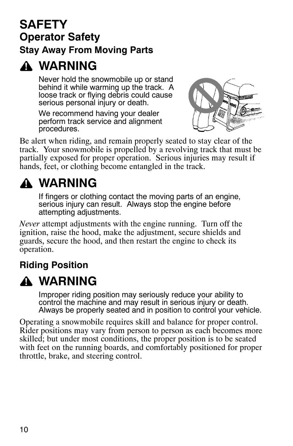 Safety, Warning, Operator safety | Polaris 2005 RMK User Manual | Page 13 / 130