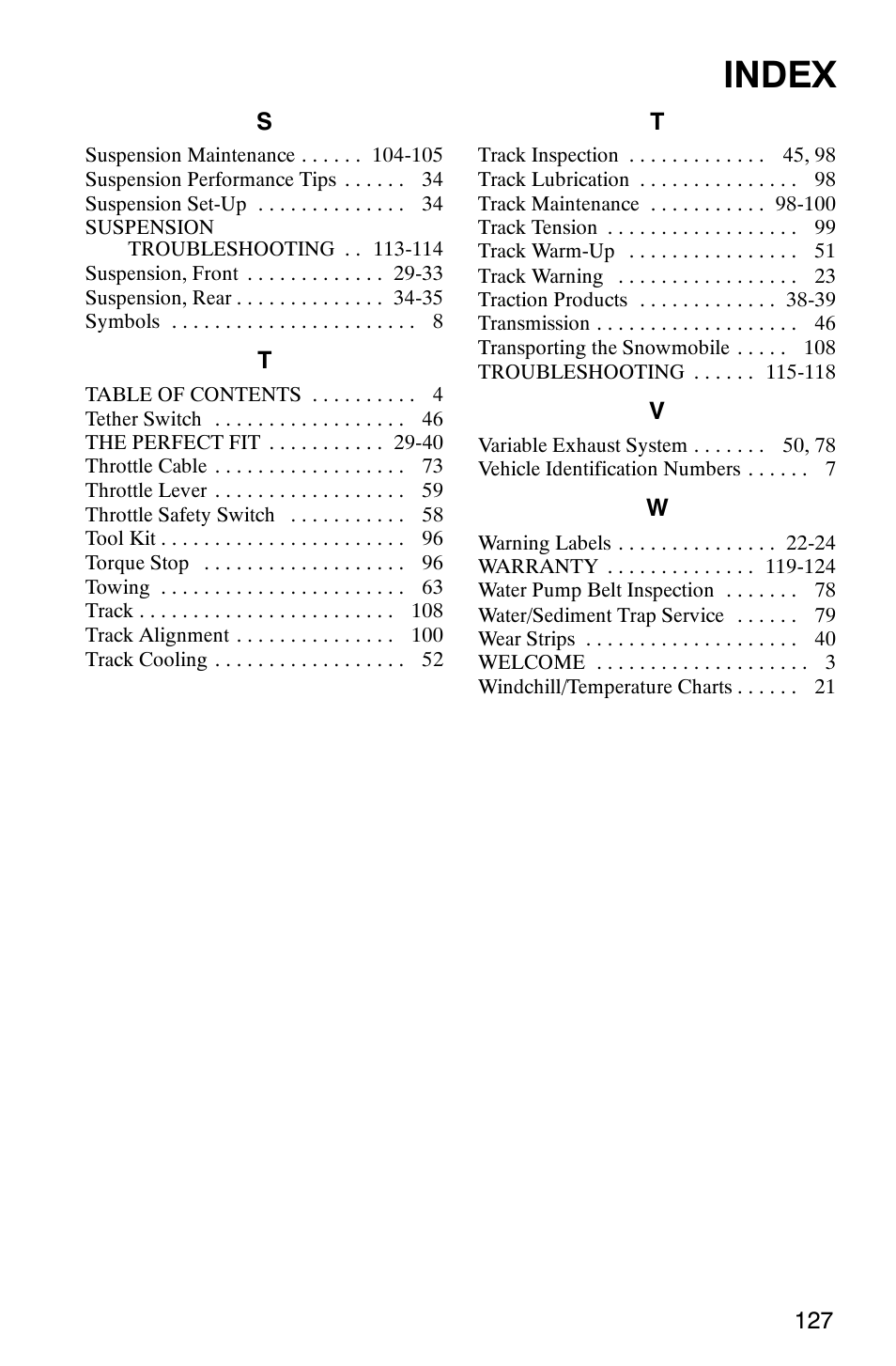 Index | Polaris 2005 RMK User Manual | Page 130 / 130