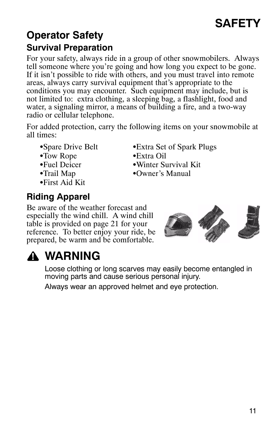 Safety, Warning, Operator safety | Polaris 2005 RMK User Manual | Page 14 / 130