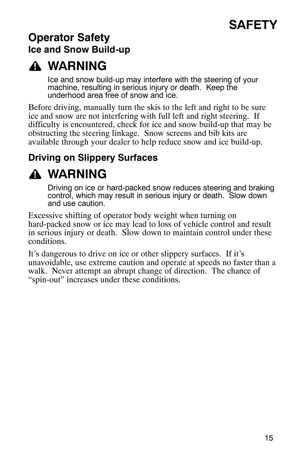 Safety, Warning, Operator safety | Polaris 2005 RMK User Manual | Page 18 / 130