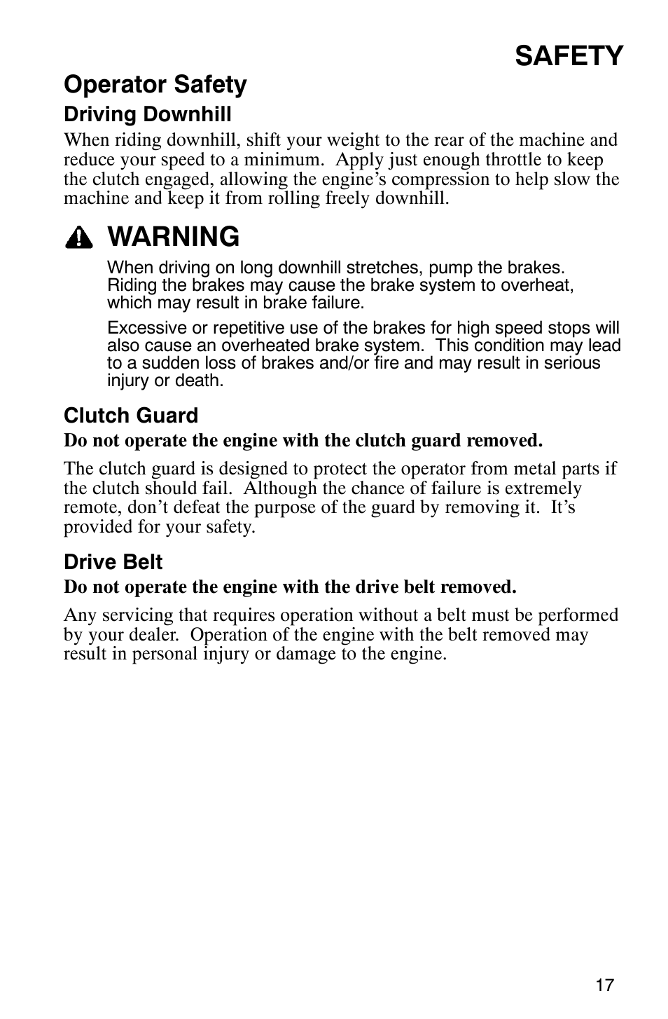 Safety, Warning, Operator safety | Polaris 2005 RMK User Manual | Page 20 / 130