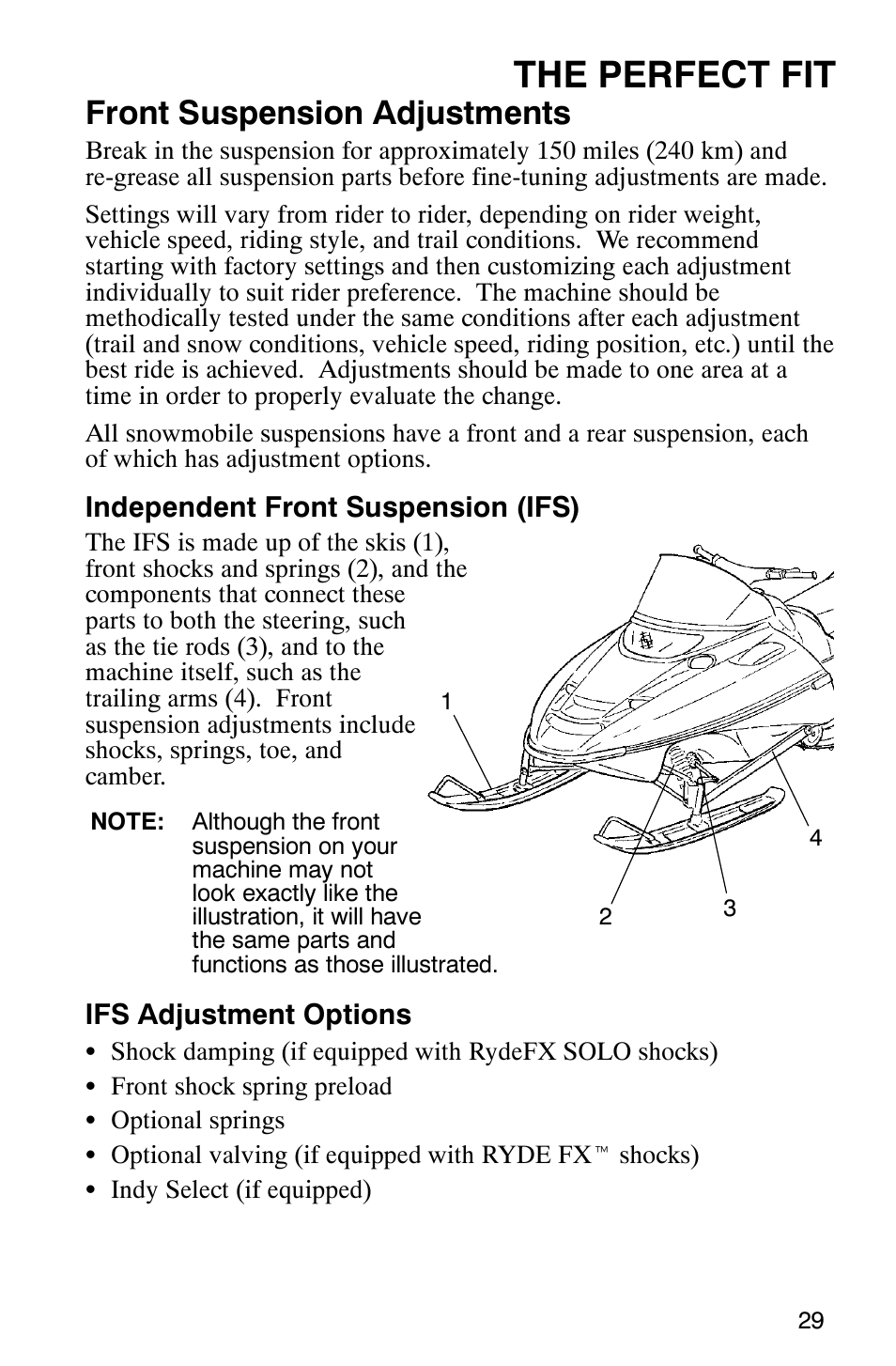 The perfect fit, Front suspension adjustments | Polaris 2005 RMK User Manual | Page 32 / 130