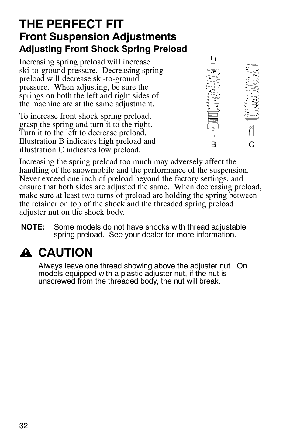 The perfect fit, Caution, Front suspension adjustments | Polaris 2005 RMK User Manual | Page 35 / 130