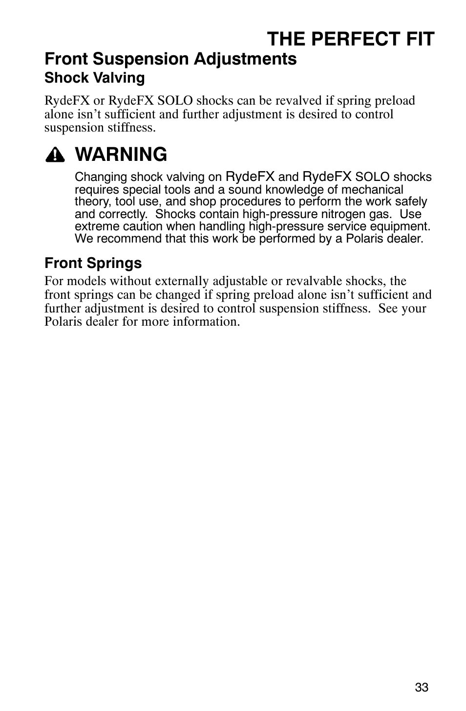 The perfect fit, Warning, Front suspension adjustments | Polaris 2005 RMK User Manual | Page 36 / 130