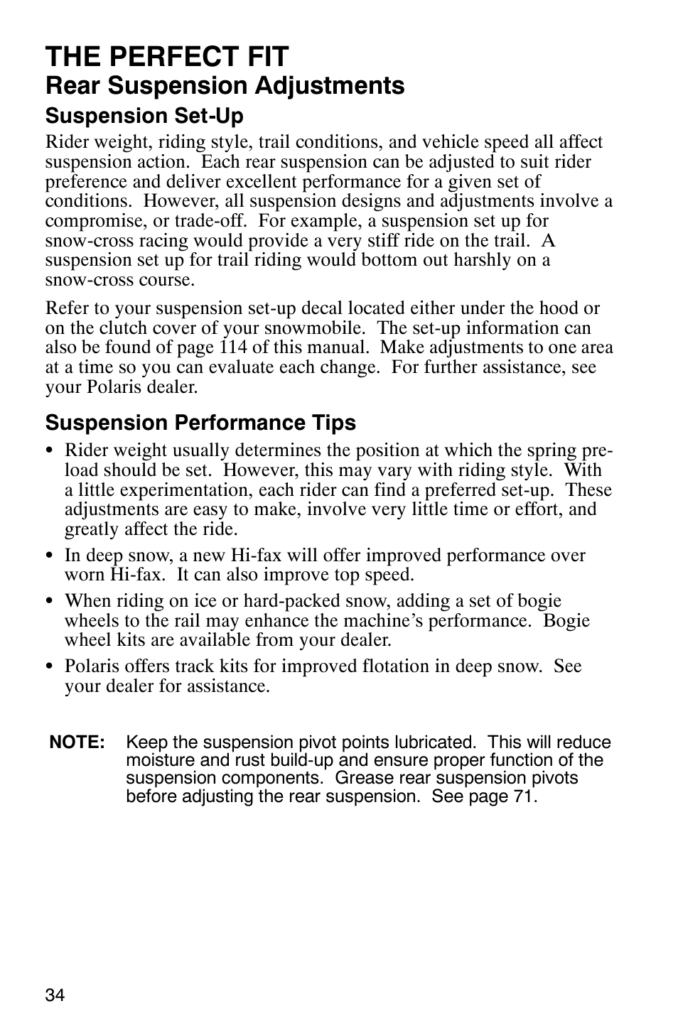 The perfect fit, Rear suspension adjustments | Polaris 2005 RMK User Manual | Page 37 / 130