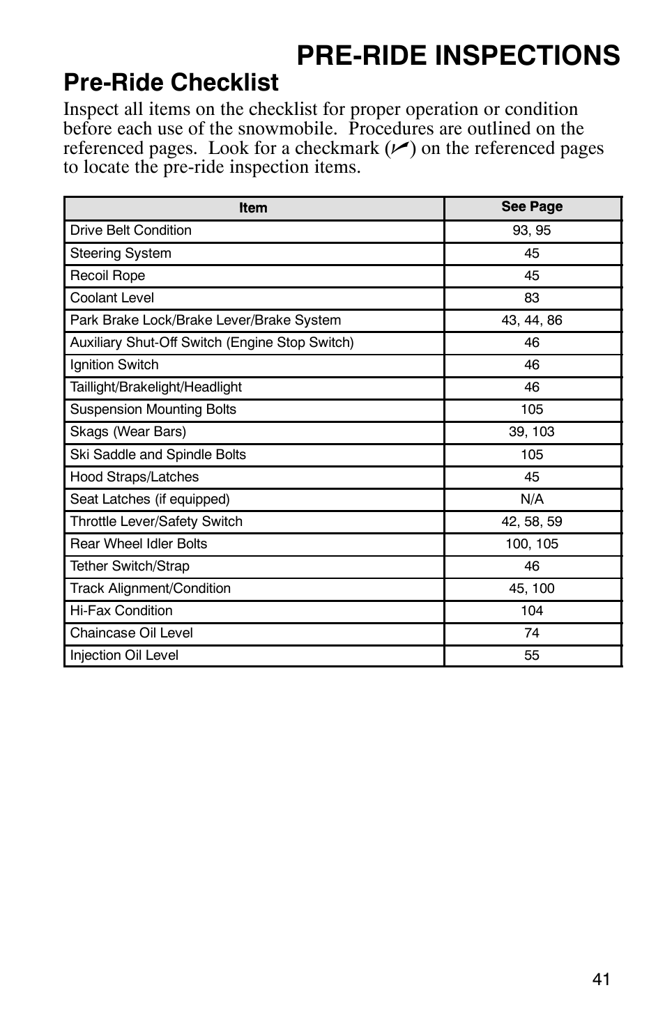 Pre-ride inspections, Pre-ride checklist | Polaris 2005 RMK User Manual | Page 44 / 130