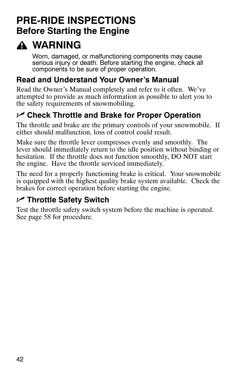 Pre-ride inspections, Warning, Before starting the engine | Polaris 2005 RMK User Manual | Page 45 / 130