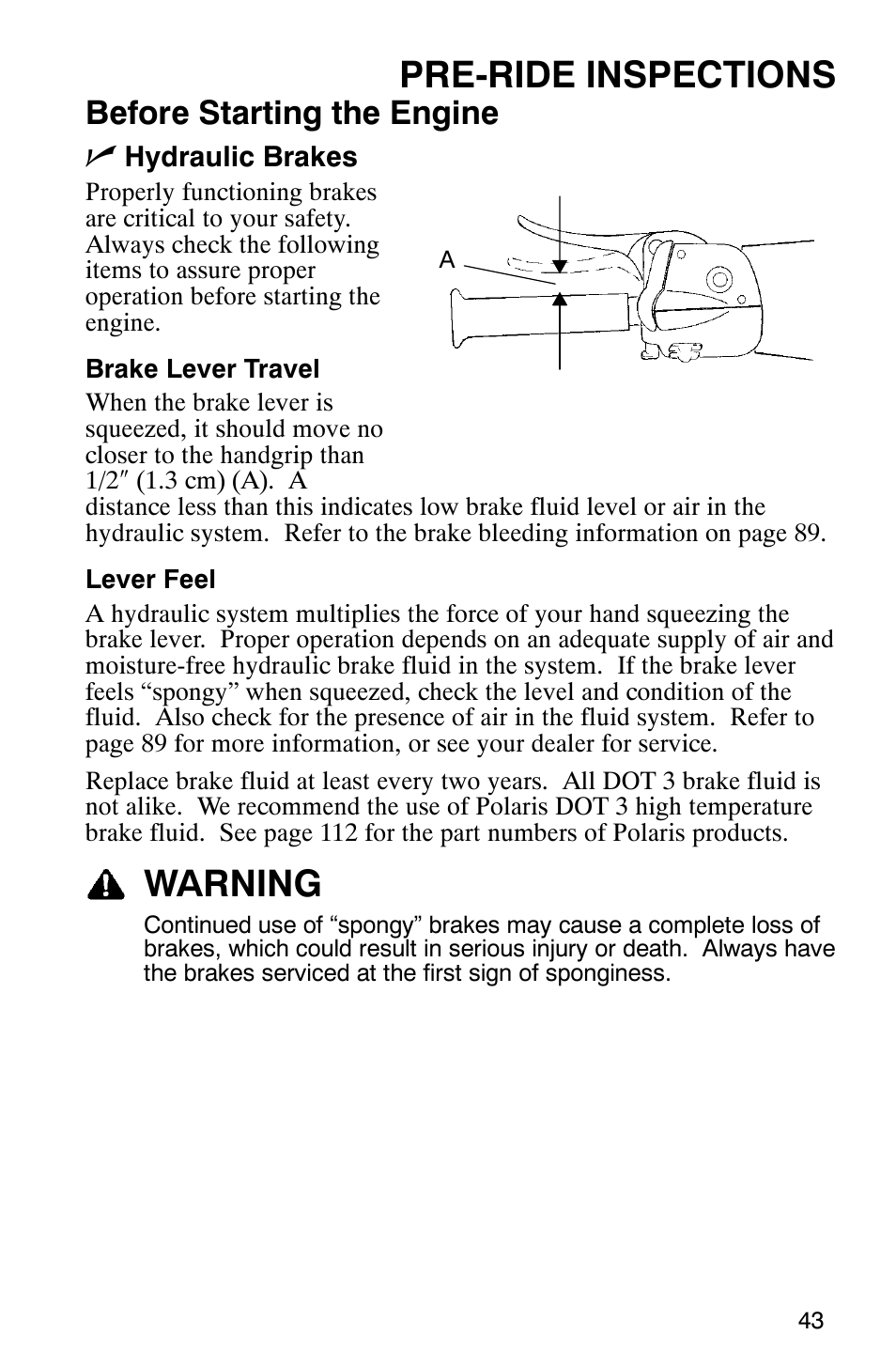 Pre-ride inspections, Warning, Before starting the engine n | Polaris 2005 RMK User Manual | Page 46 / 130