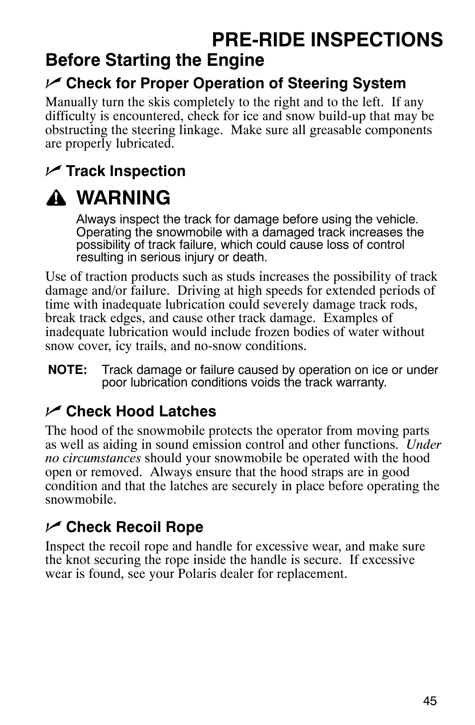 Pre-ride inspections, Warning, Before starting the engine n | Polaris 2005 RMK User Manual | Page 48 / 130