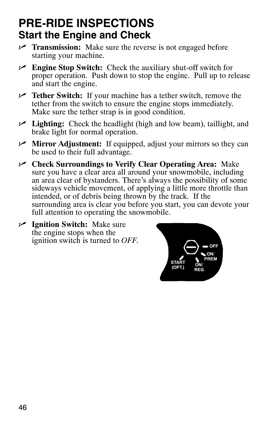 Pre-ride inspections, Start the engine and check | Polaris 2005 RMK User Manual | Page 49 / 130