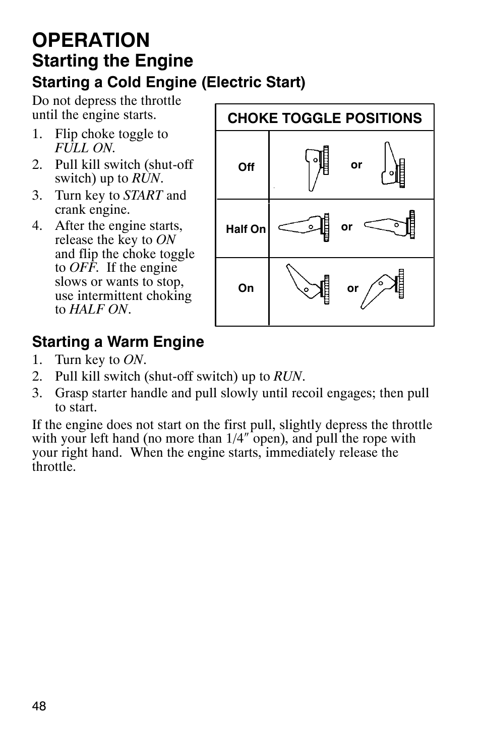 Operation, Starting the engine | Polaris 2005 RMK User Manual | Page 51 / 130