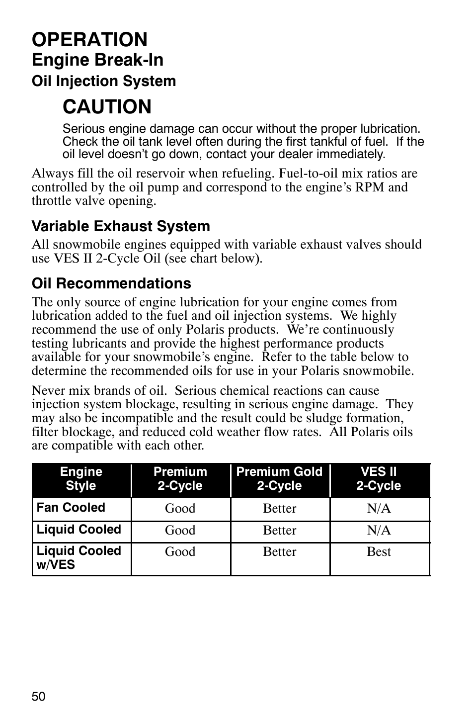 Operation, Caution, Engine break-in | Polaris 2005 RMK User Manual | Page 53 / 130