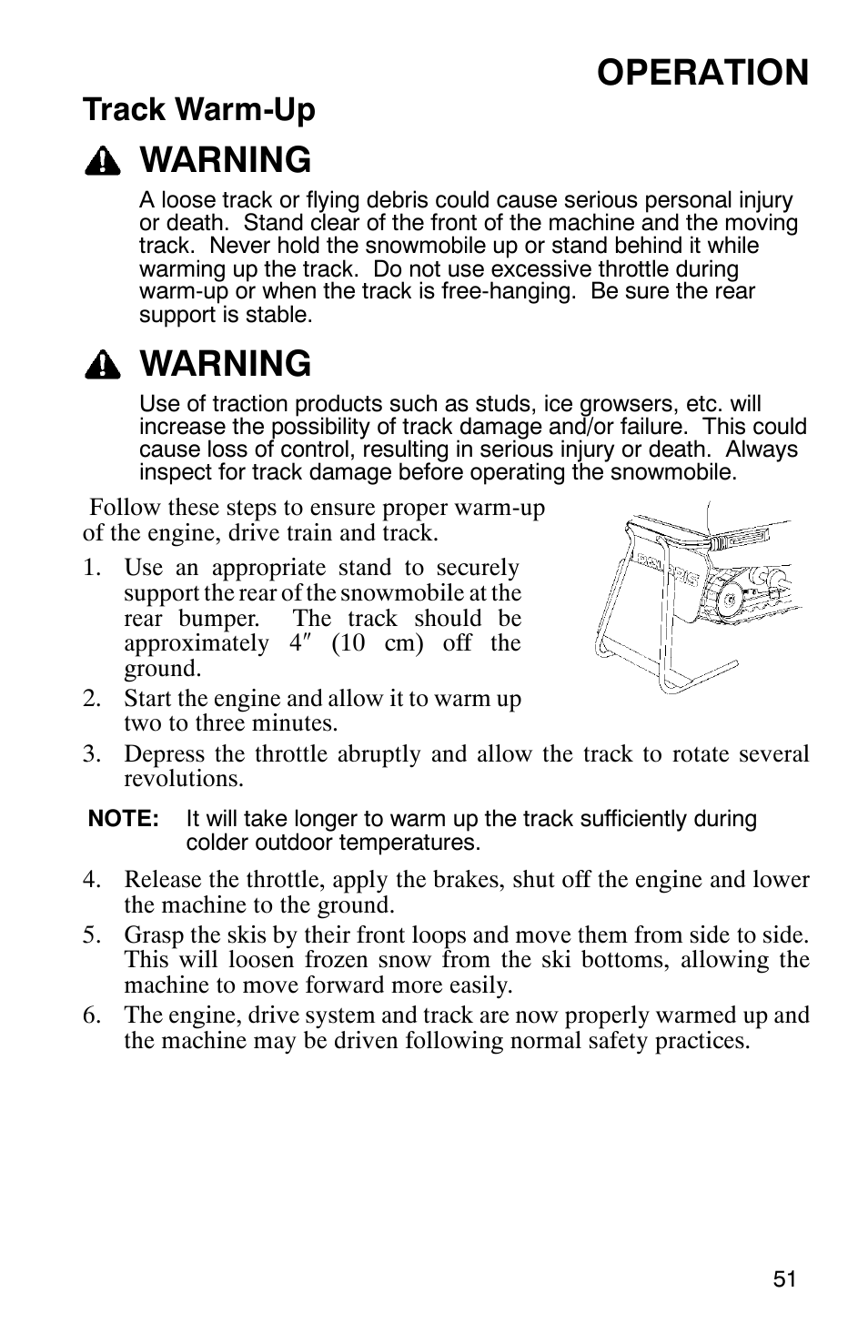 Operation, Warning, Track warm-up | Polaris 2005 RMK User Manual | Page 54 / 130