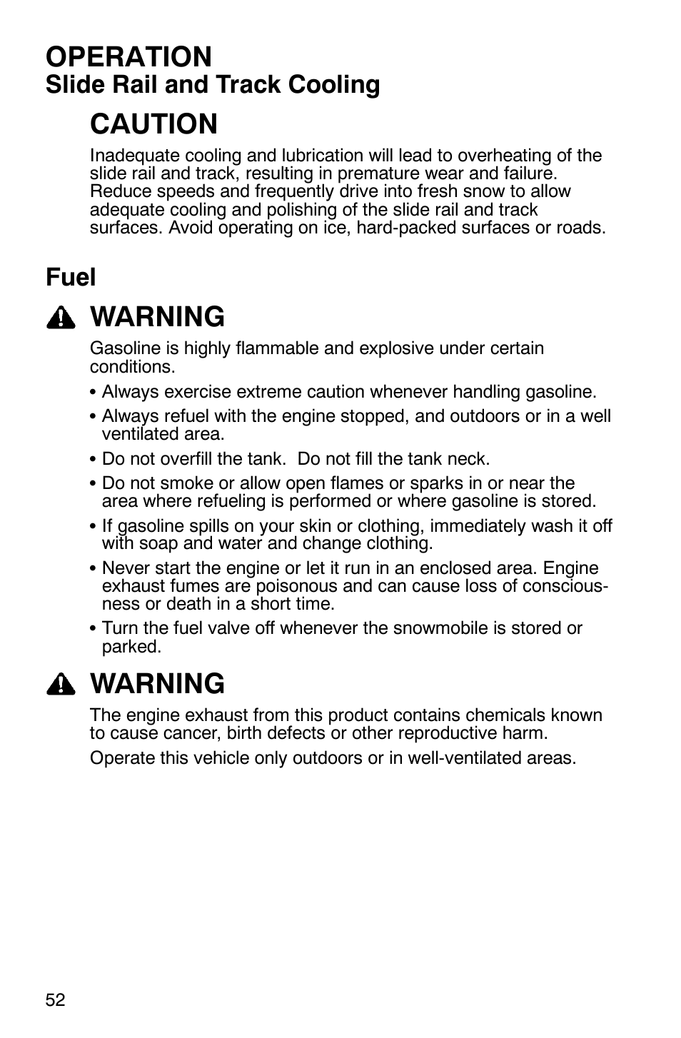 Operation, Caution, Warning | Slide rail and track cooling, Fuel | Polaris 2005 RMK User Manual | Page 55 / 130