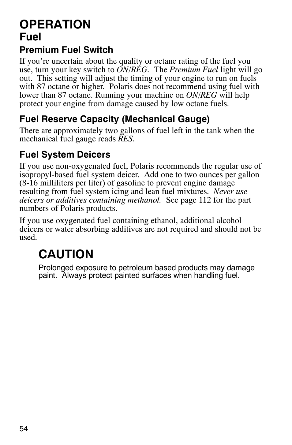 Operation, Caution, Fuel | Polaris 2005 RMK User Manual | Page 57 / 130