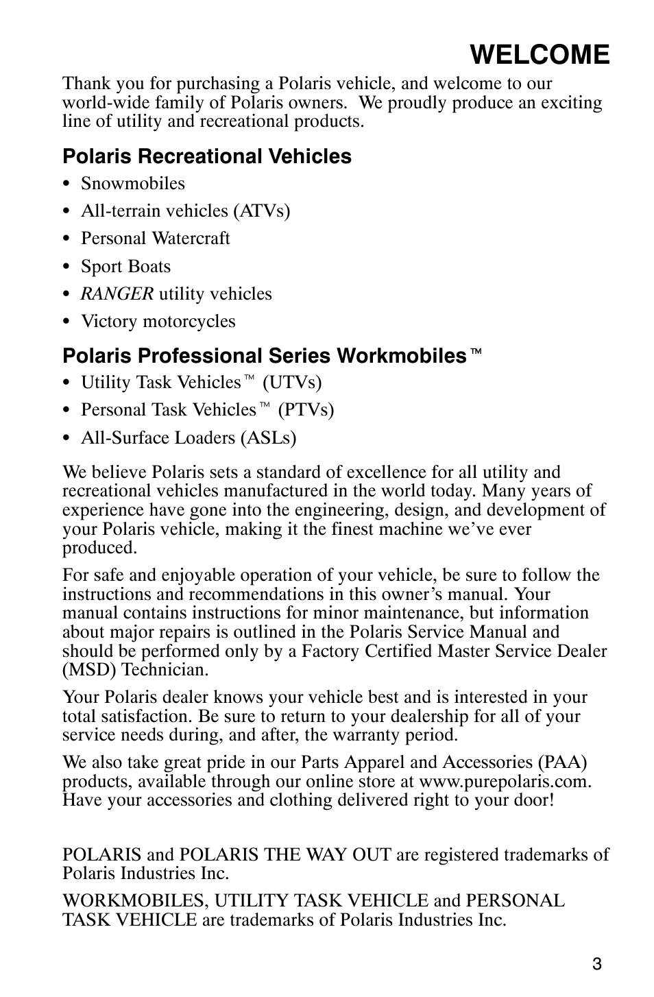 Welcome | Polaris 2005 RMK User Manual | Page 6 / 130