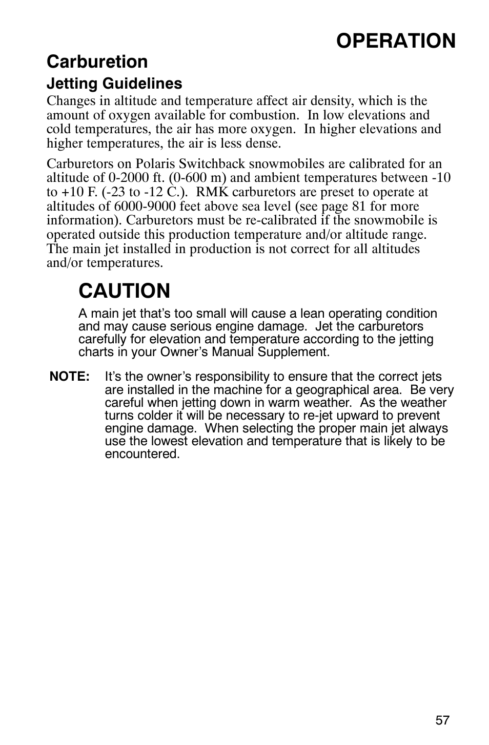 Operation, Caution, Carburetion | Polaris 2005 RMK User Manual | Page 60 / 130