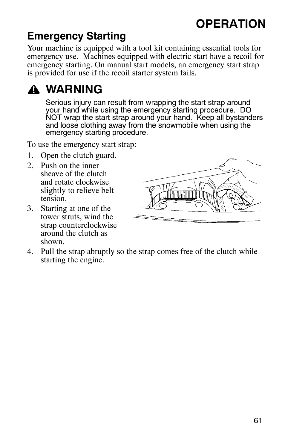 Operation, Warning, Emergency starting | Polaris 2005 RMK User Manual | Page 64 / 130