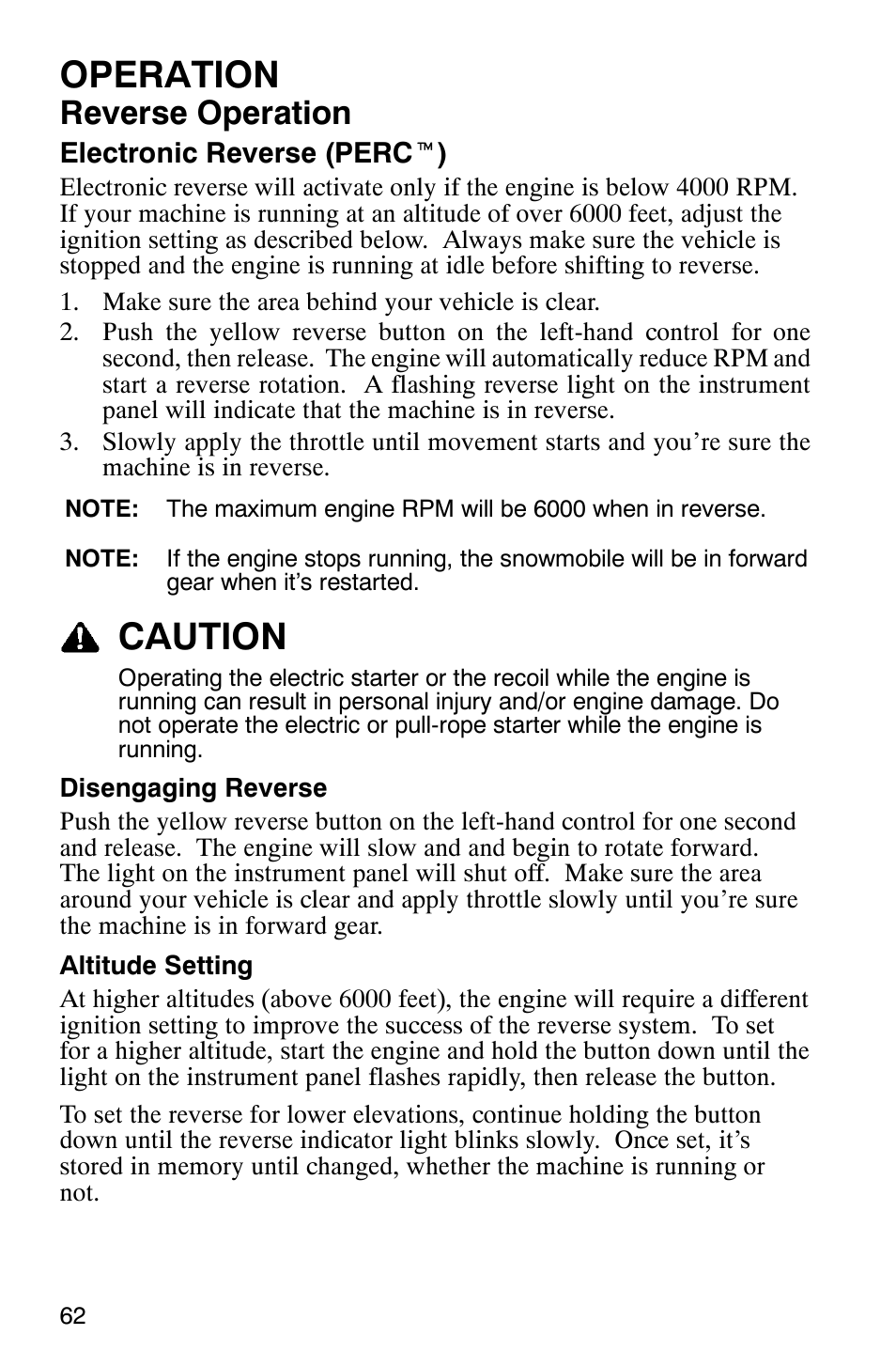 Operation, Caution, Reverse operation | Polaris 2005 RMK User Manual | Page 65 / 130