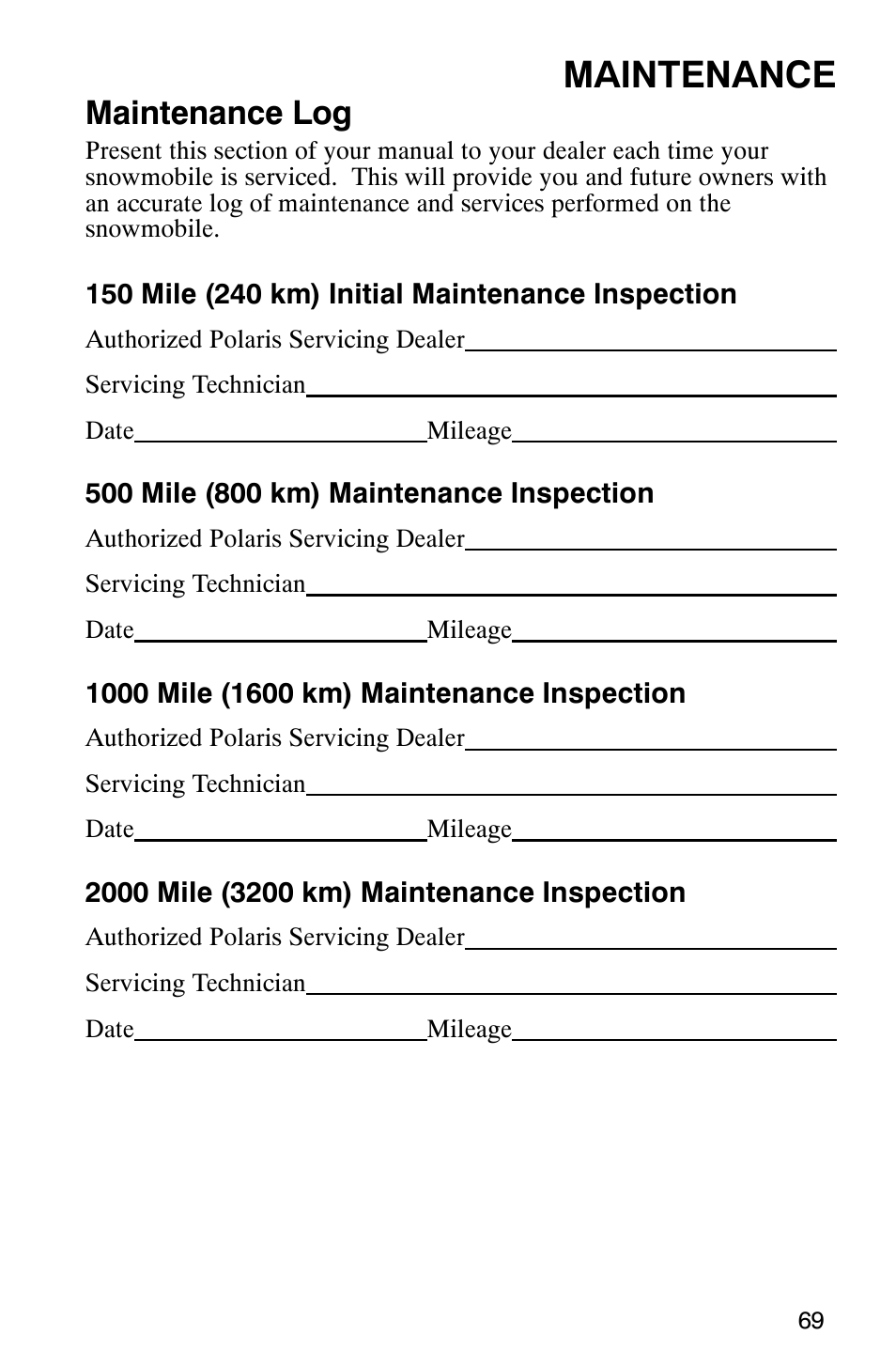 Maintenance, Maintenance log | Polaris 2005 RMK User Manual | Page 72 / 130