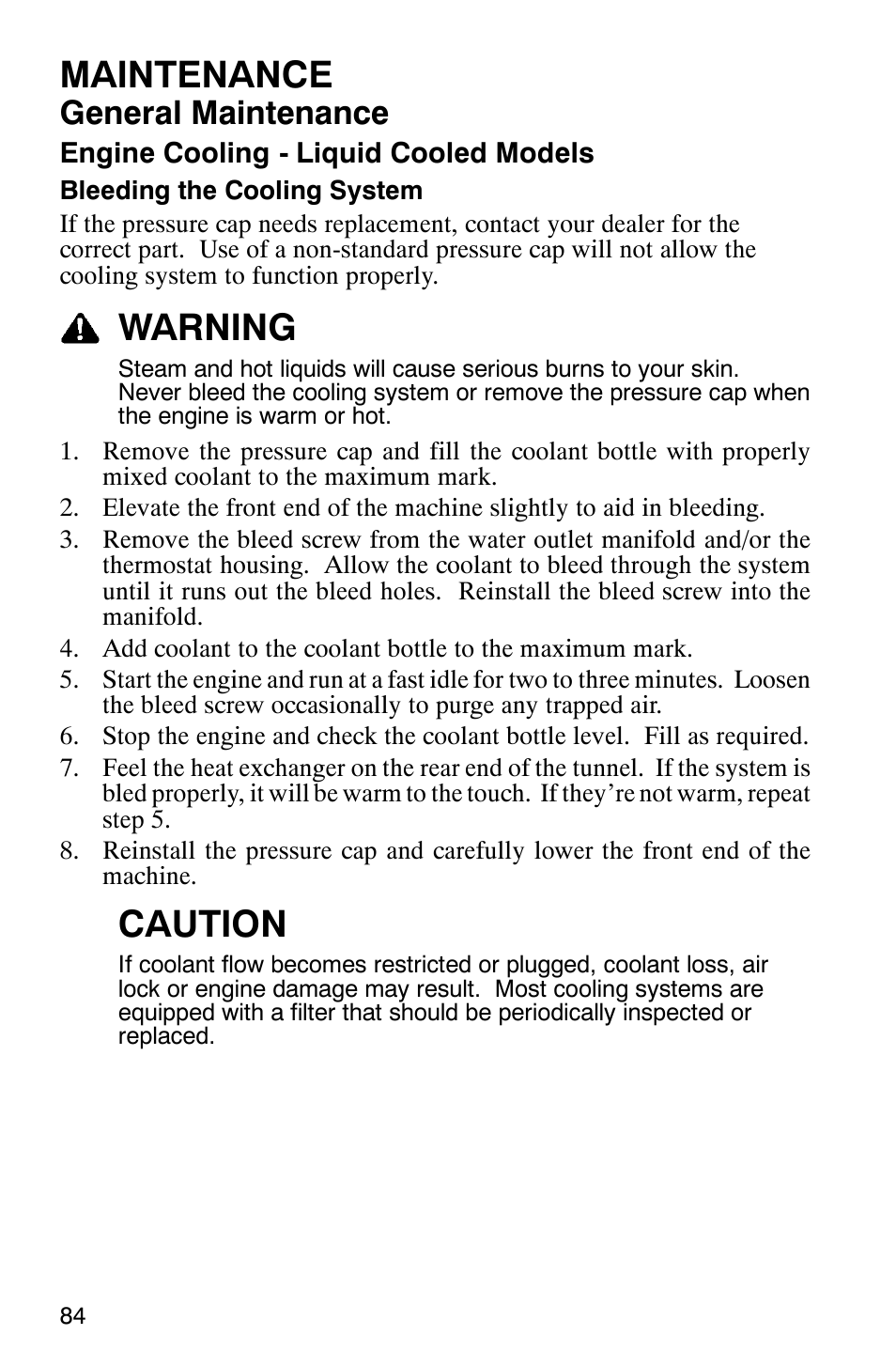 Maintenance, Warning, Caution | General maintenance | Polaris 2005 RMK User Manual | Page 87 / 130