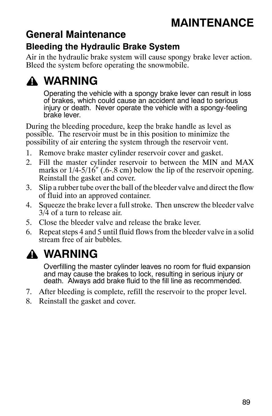 Maintenance, Warning, General maintenance | Polaris 2005 RMK User Manual | Page 92 / 130