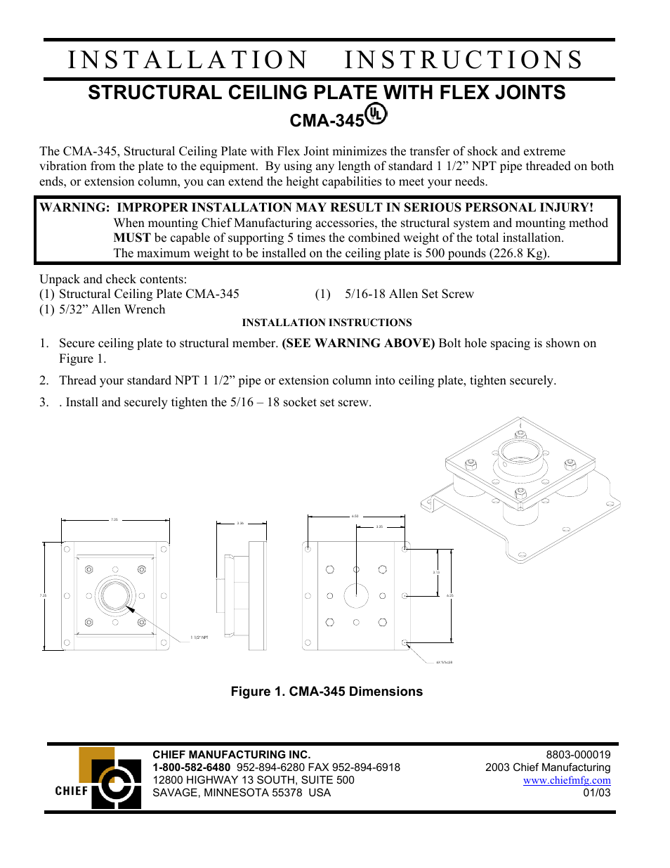 Chief Manufacturing Structural Ceiling Plate with Flex Joint CMA-345 User Manual | 1 page