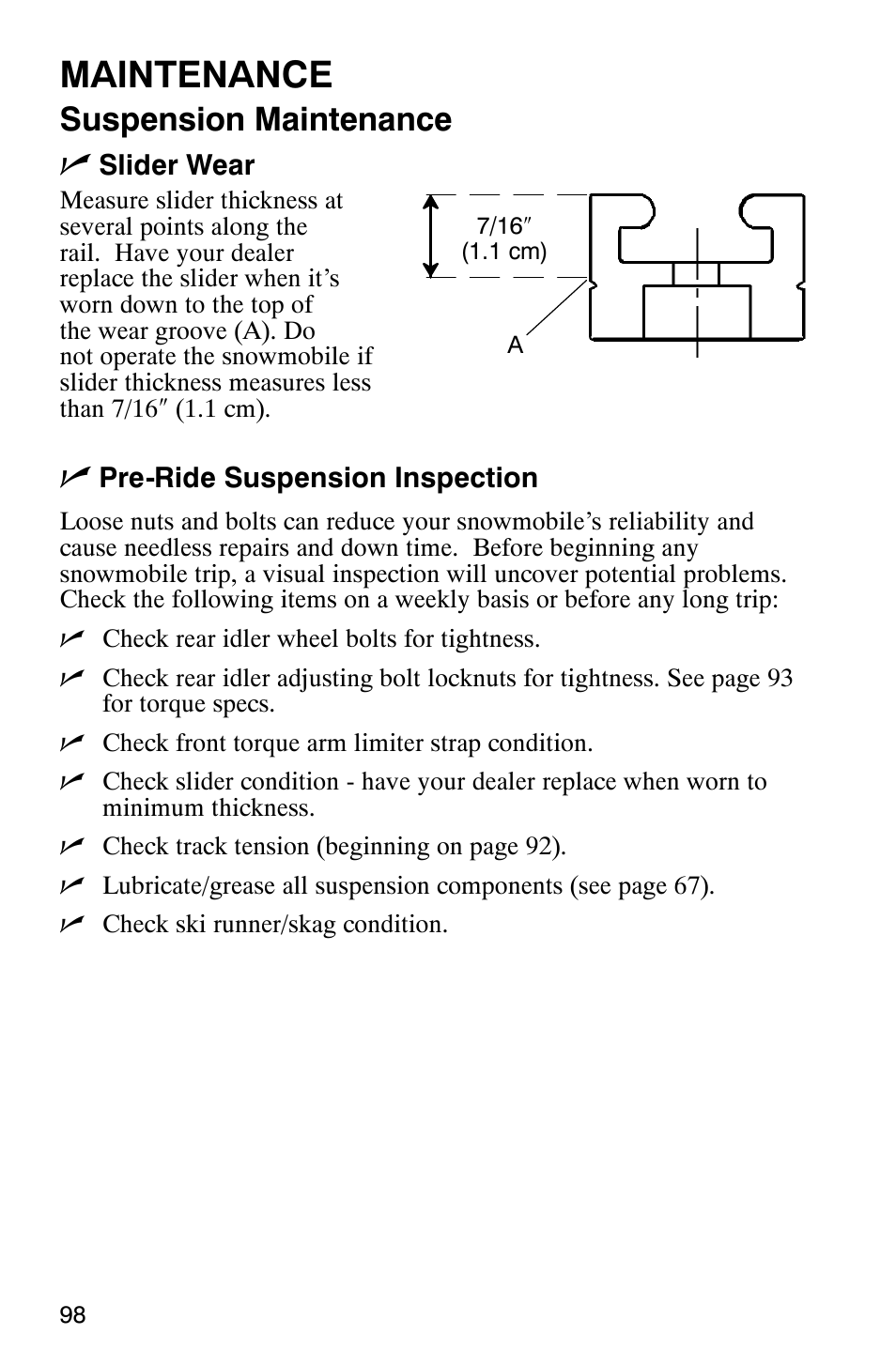 Maintenance, Suspension maintenance n | Polaris 2005 440 IQ User Manual | Page 101 / 122