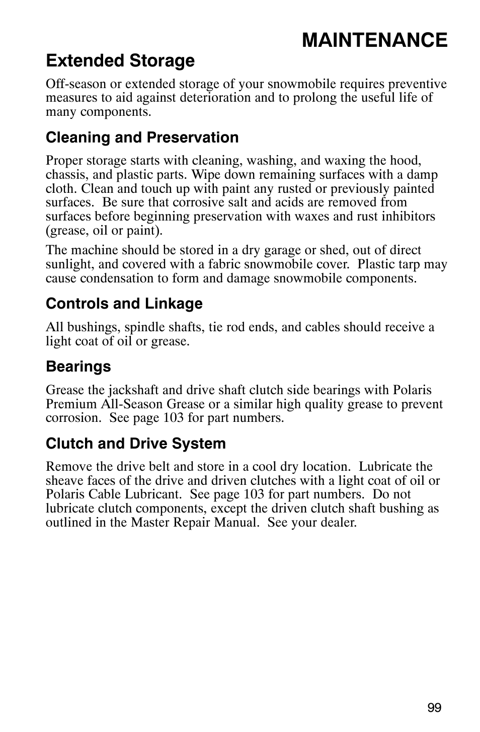 Maintenance, Extended storage | Polaris 2005 440 IQ User Manual | Page 102 / 122