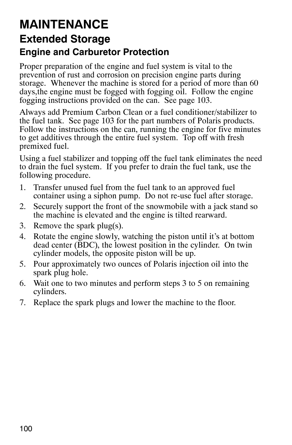 Maintenance, Extended storage | Polaris 2005 440 IQ User Manual | Page 103 / 122