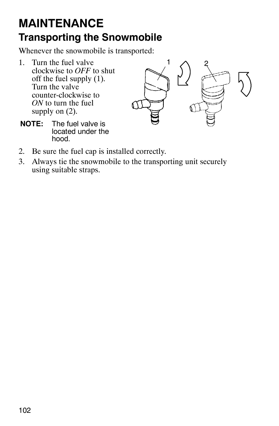 Maintenance, Transporting the snowmobile | Polaris 2005 440 IQ User Manual | Page 105 / 122